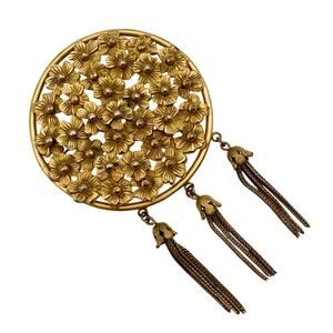 Lrg Gold Tone Floral Brooch Round Open Work Gilt Brass Vtg Statement w/ Tassels